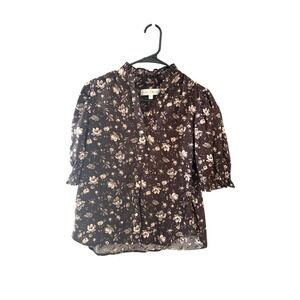 Chelsea‎ & Theodore Brown Floral Puff Sleeve Cotton Blouse Small Peasant Cottage